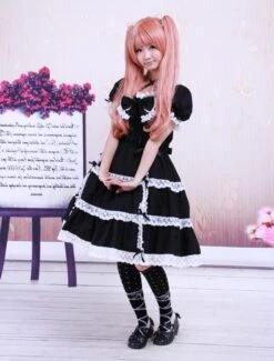 Lolitashow Cotton Black Lace Bow Short Sleeves Gothic Lolita Dress -AYA Cosplay Shop Cotton Black Lace Bow Short Sleeves Gothic Lolita Dress 13041 5