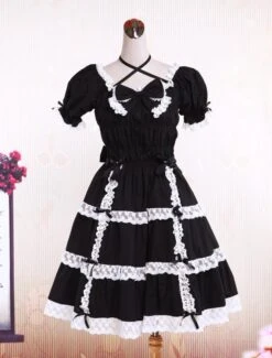 Lolitashow Cotton Black Lace Bow Short Sleeves Gothic Lolita Dress -AYA Cosplay Shop Cotton Black Lace Bow Short Sleeves Gothic Lolita Dress 13041 6