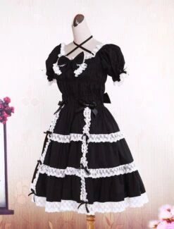 Lolitashow Cotton Black Lace Bow Short Sleeves Gothic Lolita Dress -AYA Cosplay Shop Cotton Black Lace Bow Short Sleeves Gothic Lolita Dress 13041 7