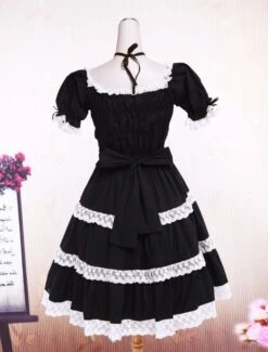 Lolitashow Cotton Black Lace Bow Short Sleeves Gothic Lolita Dress -AYA Cosplay Shop Cotton Black Lace Bow Short Sleeves Gothic Lolita Dress 13041 8