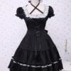 Lolitashow Cotton Black Lolita OP Dress Short Sleeves With Lace Up And White Lace Trim -AYA Cosplay Shop Cotton Black Lace Cosplay Lolita Dress 7688 3