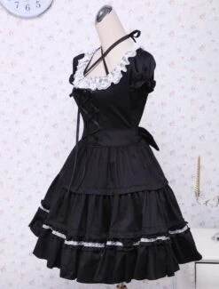 Lolitashow Cotton Black Lolita OP Dress Short Sleeves With Lace Up And White Lace Trim -AYA Cosplay Shop Cotton Black Lace Cosplay Lolita Dress 7688 4