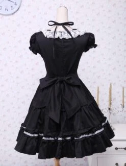 Lolitashow Cotton Black Lolita OP Dress Short Sleeves With Lace Up And White Lace Trim -AYA Cosplay Shop Cotton Black Lace Cosplay Lolita Dress 7688 5