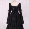 Lolitashow Pure Black Lolita One-piece Dress Long Sleeves Lace Up Shirring -AYA Cosplay Shop Cotton Black Lace Cotton Cosplay Lolita Dress 7621 2