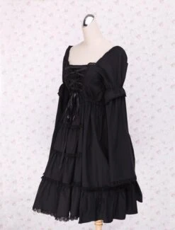 Lolitashow Pure Black Lolita One-piece Dress Long Sleeves Lace Up Shirring -AYA Cosplay Shop Cotton Black Lace Cotton Cosplay Lolita Dress 7621 3