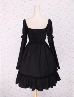 Lolitashow Pure Black Lolita One-piece Dress Long Sleeves Lace Up Shirring -AYA Cosplay Shop Cotton Black Lace Cotton Cosplay Lolita Dress 7621 4