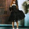 Lolitashow Black Cotton Lolita OP Dress Long Sleeves Round Collar Lace Trim -AYA Cosplay Shop Cotton Black Long Sleeves Bottons Lace Cotton Gothic Lolita Dress 12879 2