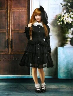 Lolitashow Black Cotton Lolita OP Dress Long Sleeves Round Collar Lace Trim -AYA Cosplay Shop Cotton Black Long Sleeves Bottons Lace Cotton Gothic Lolita Dress 12879 4