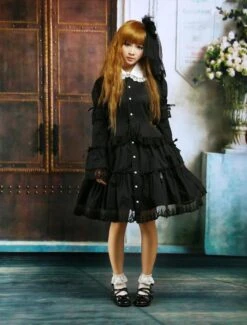 Lolitashow Black Cotton Lolita OP Dress Long Sleeves Round Collar Lace Trim -AYA Cosplay Shop Cotton Black Long Sleeves Bottons Lace Cotton Gothic Lolita Dress 12879 5