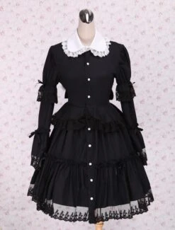 Lolitashow Black Cotton Lolita OP Dress Long Sleeves Round Collar Lace Trim -AYA Cosplay Shop Cotton Black Long Sleeves Bottons Lace Cotton Gothic Lolita Dress 12879 6