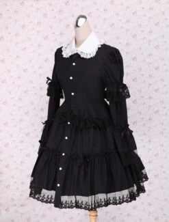 Lolitashow Black Cotton Lolita OP Dress Long Sleeves Round Collar Lace Trim -AYA Cosplay Shop Cotton Black Long Sleeves Bottons Lace Cotton Gothic Lolita Dress 12879 7