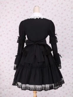 Lolitashow Black Cotton Lolita OP Dress Long Sleeves Round Collar Lace Trim -AYA Cosplay Shop Cotton Black Long Sleeves Bottons Lace Cotton Gothic Lolita Dress 12879 8