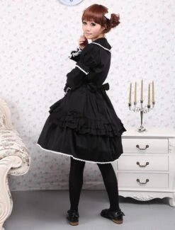 Lolitashow Cotton Black Loltia OP Dress Long Sleeves Lace Up Layered Ruffles Bow -AYA Cosplay Shop Cotton Black Long Sleeves Gothic Lolita Dress 7639 10