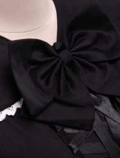 Lolitashow Cotton Black Loltia OP Dress Long Sleeves Lace Up Layered Ruffles Bow -AYA Cosplay Shop Cotton Black Long Sleeves Gothic Lolita Dress 7639 11