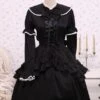 Lolitashow Cotton Black Loltia OP Dress Long Sleeves Lace Up Layered Ruffles Bow -AYA Cosplay Shop Cotton Black Long Sleeves Gothic Lolita Dress 7639 3