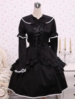 Lolitashow Cotton Black Loltia OP Dress Long Sleeves Lace Up Layered Ruffles Bow
