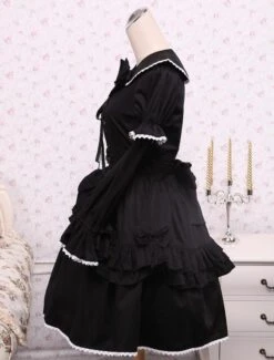 Lolitashow Cotton Black Loltia OP Dress Long Sleeves Lace Up Layered Ruffles Bow -AYA Cosplay Shop Cotton Black Long Sleeves Gothic Lolita Dress 7639 5