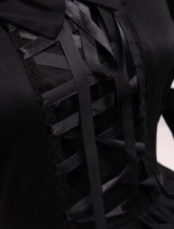 Lolitashow Cotton Black Loltia OP Dress Long Sleeves Lace Up Layered Ruffles Bow -AYA Cosplay Shop Cotton Black Long Sleeves Gothic Lolita Dress 7639 7