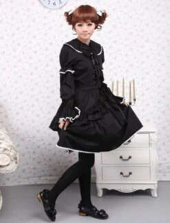 Lolitashow Cotton Black Loltia OP Dress Long Sleeves Lace Up Layered Ruffles Bow -AYA Cosplay Shop Cotton Black Long Sleeves Gothic Lolita Dress 7639 8