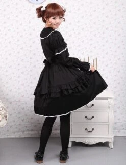 Lolitashow Cotton Black Loltia OP Dress Long Sleeves Lace Up Layered Ruffles Bow -AYA Cosplay Shop Cotton Black Long Sleeves Gothic Lolita Dress 7639 9