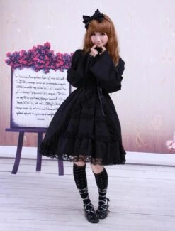 Cotton Black Lolita OP Dress Long Sleeves Lace Trim -AYA Cosplay Shop Cotton Black Multi layer Long Sleeves Gothic Lolita Dress 13348 4