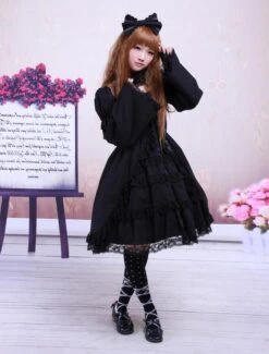 Cotton Black Lolita OP Dress Long Sleeves Lace Trim -AYA Cosplay Shop Cotton Black Multi layer Long Sleeves Gothic Lolita Dress 13348 5