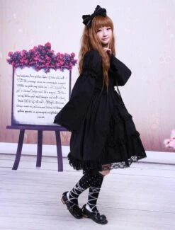 Cotton Black Lolita OP Dress Long Sleeves Lace Trim -AYA Cosplay Shop Cotton Black Multi layer Long Sleeves Gothic Lolita Dress 13348 6