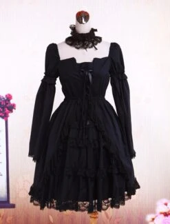 Cotton Black Lolita OP Dress Long Sleeves Lace Trim -AYA Cosplay Shop Cotton Black Multi layer Long Sleeves Gothic Lolita Dress 13348 7