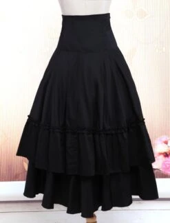 Lolitashow Gothic Lolita Dress SK Black Lace Up Ruffle Tiered Cotton Lolita Skirt -AYA Cosplay Shop Cotton Black Polka Ruffled Lace Bottom Lolita Skirt 12449 12