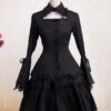 Lolitashow Gothic Lolita Dress OP Black Long Hime Sleeves Ruffles Lace Trim Cotton Lolita One Piece Dress -AYA Cosplay Shop Cotton Black Ruffles Cosplay Lolita Blouse And Skirt 12639 5