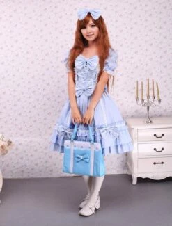 Lolitashow Sky Blue Cotton Lolita OP Dress And Cape With Bows And Ruffles -AYA Cosplay Shop Cotton Blue Cape Sweet Lolita Dress 12660 1