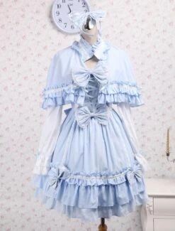Lolitashow Sky Blue Cotton Lolita OP Dress And Cape With Bows And Ruffles -AYA Cosplay Shop Cotton Blue Cape Sweet Lolita Dress 12660 4