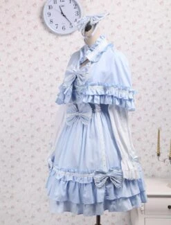 Lolitashow Sky Blue Cotton Lolita OP Dress And Cape With Bows And Ruffles -AYA Cosplay Shop Cotton Blue Cape Sweet Lolita Dress 12660 5