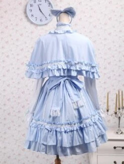 Lolitashow Sky Blue Cotton Lolita OP Dress And Cape With Bows And Ruffles -AYA Cosplay Shop Cotton Blue Cape Sweet Lolita Dress 12660 6