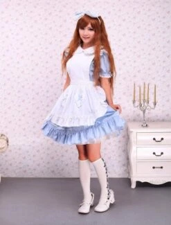 Lolitashow Cotton Blue Ruffles School Lolita Dress With Apron -AYA Cosplay Shop Cotton Blue Ruffles Short Sleeves School Lolita Dress 12996 2