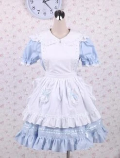 Lolitashow Cotton Blue Ruffles School Lolita Dress With Apron -AYA Cosplay Shop Cotton Blue Ruffles Short Sleeves School Lolita Dress 12996 4