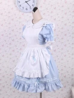 Lolitashow Cotton Blue Ruffles School Lolita Dress With Apron -AYA Cosplay Shop Cotton Blue Ruffles Short Sleeves School Lolita Dress 12996 5