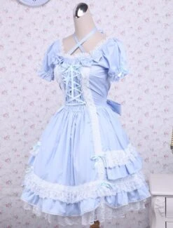 Lolitashow Cotton Blue Short Sleeves Bow Lace Cotton Classic Lolita Dress -AYA Cosplay Shop Cotton Blue Short Sleeves Bow Lace Cotton Classic Lolita Dress 12874 1