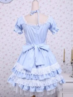 Lolitashow Cotton Blue Short Sleeves Bow Lace Cotton Classic Lolita Dress -AYA Cosplay Shop Cotton Blue Short Sleeves Bow Lace Cotton Classic Lolita Dress 12874 2