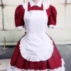 Lolitashow Cotton Dark Red And White Cosplay Lolita Dress With Apron -AYA Cosplay Shop Cotton Dark Red And White Short Sleeves Cosplay Lolita Dress 16665 2