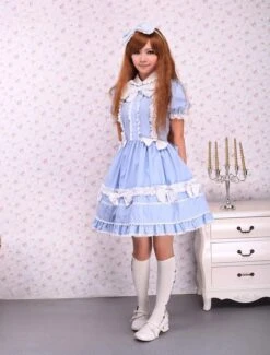 Lolitashow Light Blue Short Sleeves Bow Cotton Sweet Lolita Dress -AYA Cosplay Shop Cotton Light Blue Short Sleeves Bow Cotton Sweet Lolita Dress 13113 1