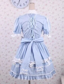 Lolitashow Light Blue Short Sleeves Bow Cotton Sweet Lolita Dress -AYA Cosplay Shop Cotton Light Blue Short Sleeves Bow Cotton Sweet Lolita Dress 13113 4