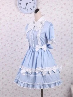 Lolitashow Light Blue Short Sleeves Bow Cotton Sweet Lolita Dress -AYA Cosplay Shop Cotton Light Blue Short Sleeves Bow Cotton Sweet Lolita Dress 13113 5