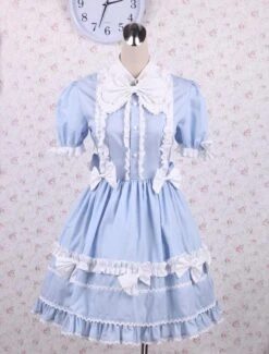 Lolitashow Light Blue Short Sleeves Bow Cotton Sweet Lolita Dress -AYA Cosplay Shop Cotton Light Blue Short Sleeves Bow Cotton Sweet Lolita Dress 13113 6