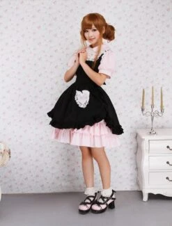 AYA Cosplay Shop -AYA Cosplay Shop Cotton Pink And Black Lace Ruffles Punk Lolita Dress 12775 4