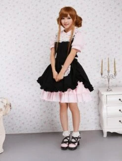 Lolitashow Cotton Pink And Black Lace Ruffles Punk Lolita Dress -AYA Cosplay Shop Cotton Pink And Black Lace Ruffles Punk Lolita Dress 12775 5