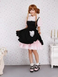 Lolitashow Cotton Pink And Black Lace Ruffles Punk Lolita Dress -AYA Cosplay Shop Cotton Pink And Black Lace Ruffles Punk Lolita Dress 12775 6