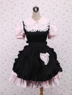 Lolitashow Cotton Pink And Black Lace Ruffles Punk Lolita Dress -AYA Cosplay Shop Cotton Pink And Black Lace Ruffles Punk Lolita Dress 12775 7