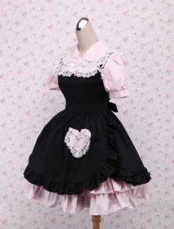 Lolitashow Cotton Pink And Black Lace Ruffles Punk Lolita Dress -AYA Cosplay Shop Cotton Pink And Black Lace Ruffles Punk Lolita Dress 12775 8