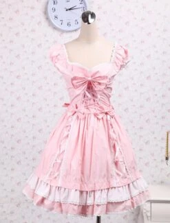 Lolitashow Cotton Pink Bow Lolita Dress -AYA Cosplay Shop Cotton Pink Bow Sweet Lolita Dress 12617 5